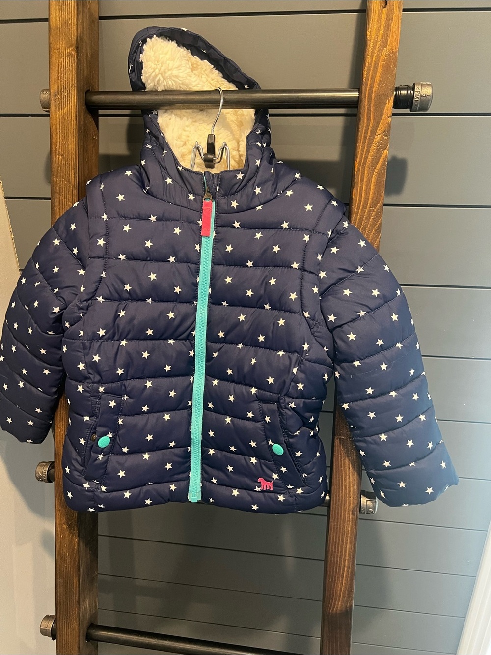 Mini Boden  Kids Navy Star Puffer Jacket with Hood - turns into vest